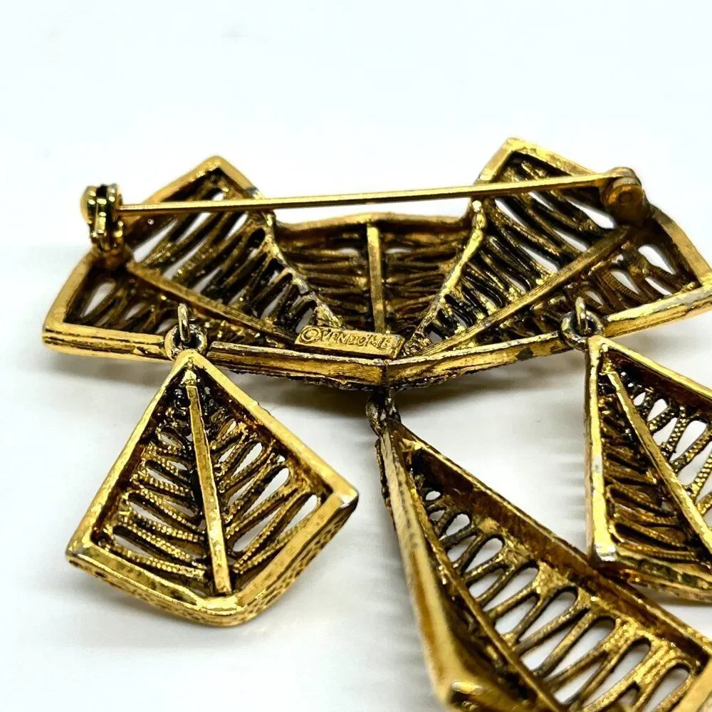 VINTAGE VENDOME BROOCH Articulated Gold Tone Modernist Geometric Dangle Pin
